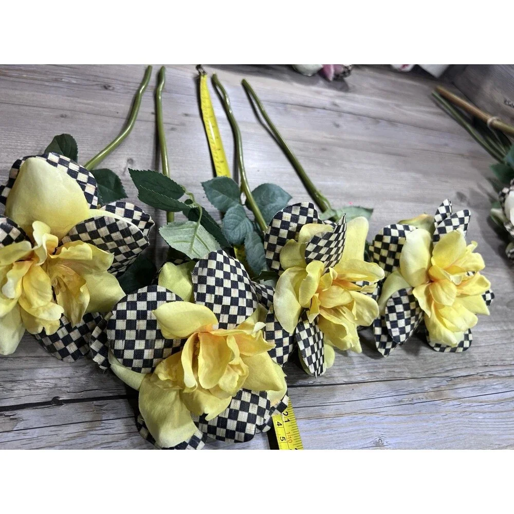 MACKENZIE-CHILDS Courtly Check ROSE FLOWER Stem Pick ALL YELLOW Set of 4